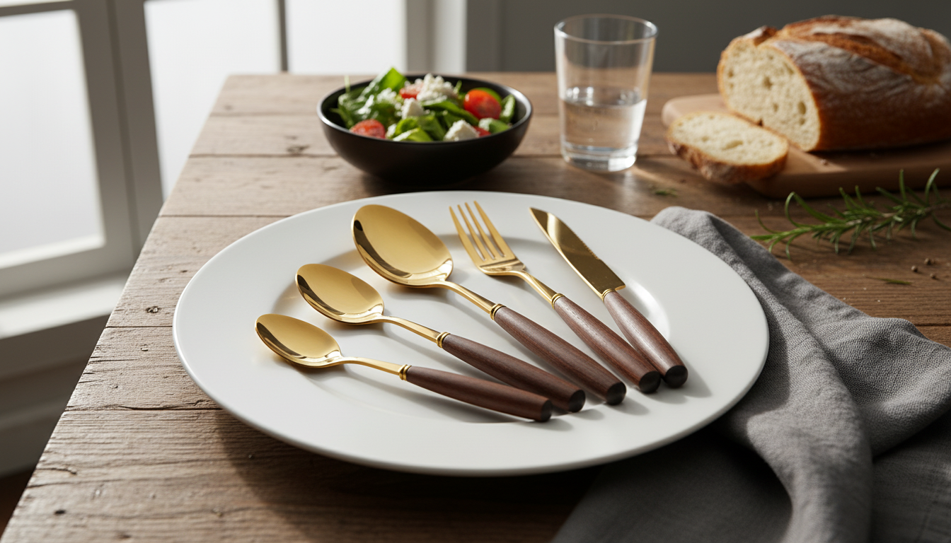 Gold & Wood 24-Piece Cutlery Set: Modern Table Upgrade