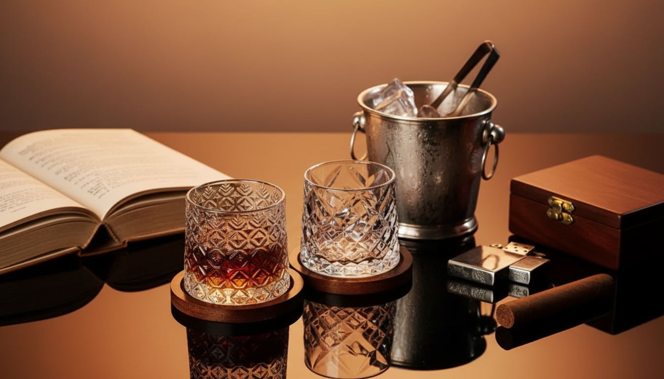 Spin, Sip, Repeat: Retro Whiskey Glass + Bamboo Coaster
